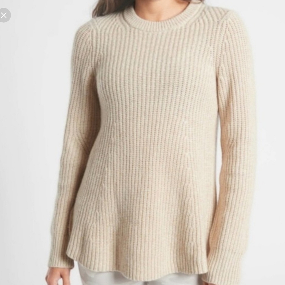 Athleta Sierra Crew Neck Sweater Wool Blend Rib Chunky Knit Beige Tan Sz L